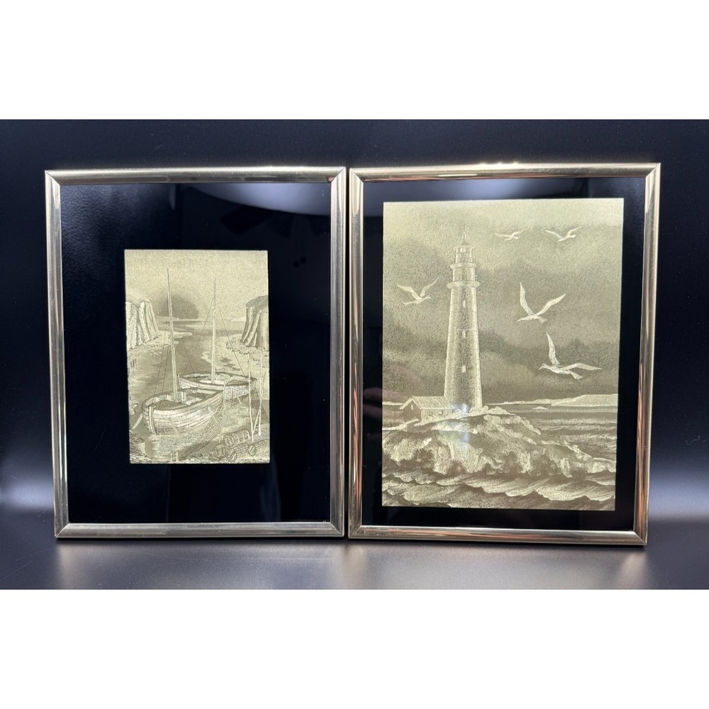 Manifestations Inc. Optical Illusionary Art Gold Foil Sailboat & Lighthouse Set